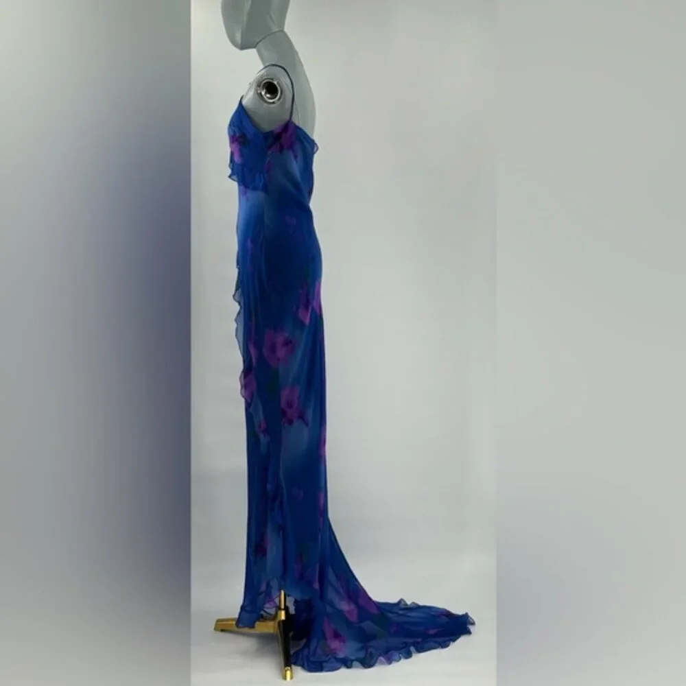🆕 RAT & BOA 🧿 NWOT Sorrento Chiffon Maxi Dress with Train, Blue Floral - Sz XL
